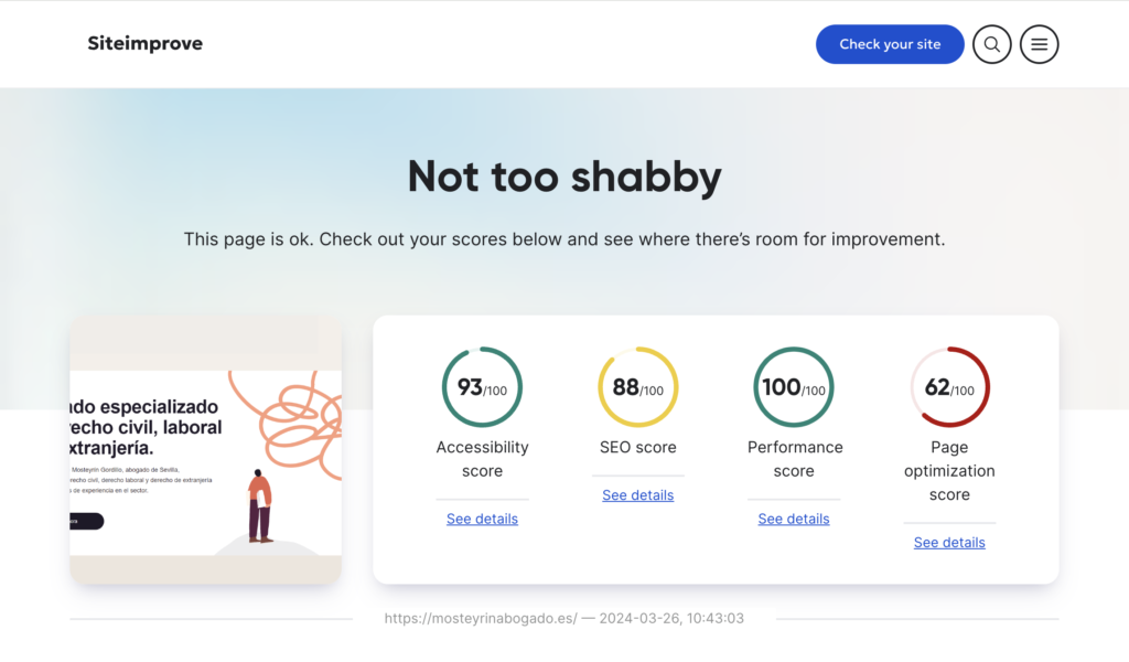 Captura de pantalla sobre la nota en accesibilidad del sitio Siteimprove